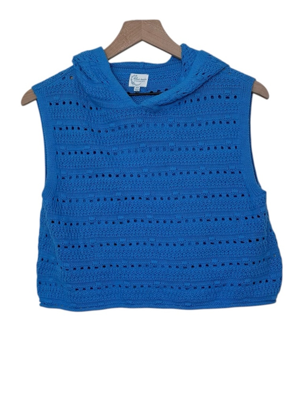 90s Crochet Knit Hooded Sleeveless Top XS Blue Cropped Festival Summer Casual